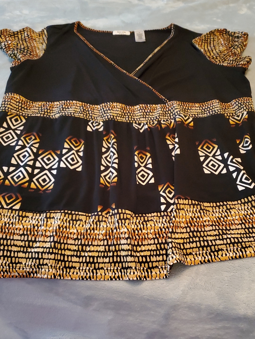 liz & co. Black Top with Gold and White Geometric Accents